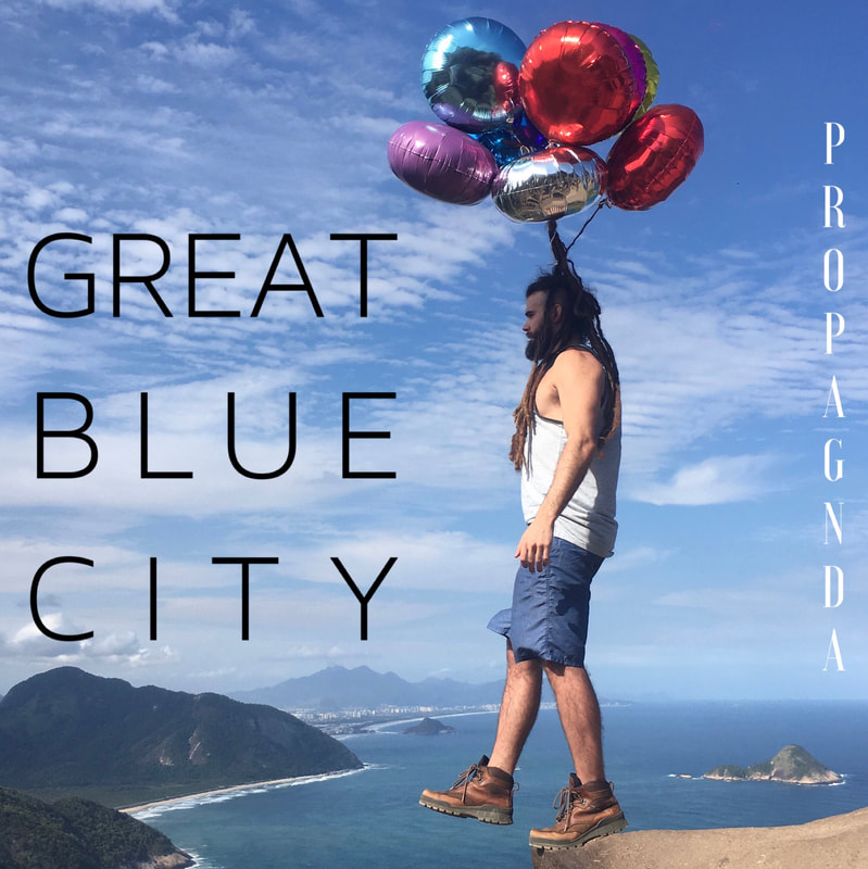 The cover art for Great Blue City, a song by PROPAGNDA, featuring a man standing on a cliff with one foot hanging over the abyss as if taking a step, with a number of colorful balloons attached to his floating dreadlocks amidst a marvelous backdrop of blue sky and sea.